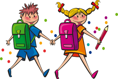 rysunek dwojga dzieci idących z plecakami